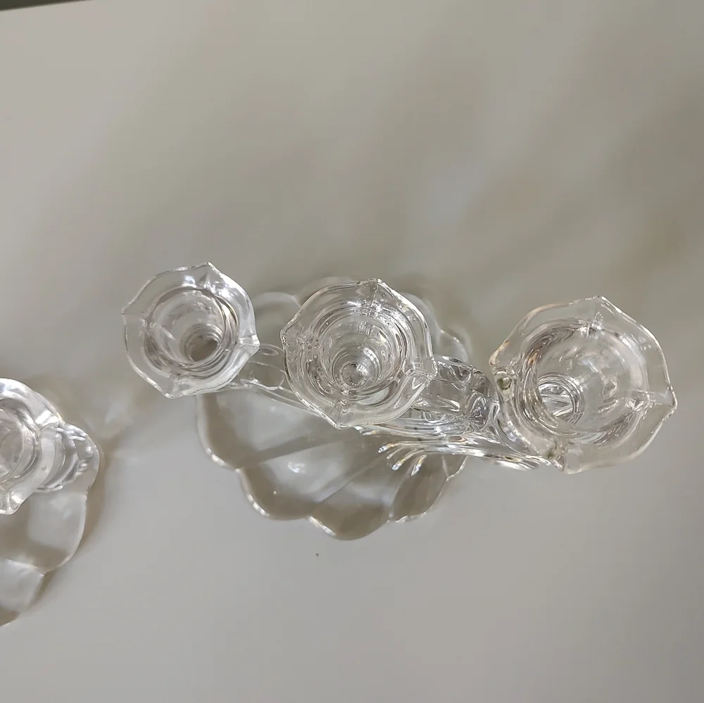 Vintage Cambridge Glass Caprice Three Light Candlestick Pair Chrystal Clear